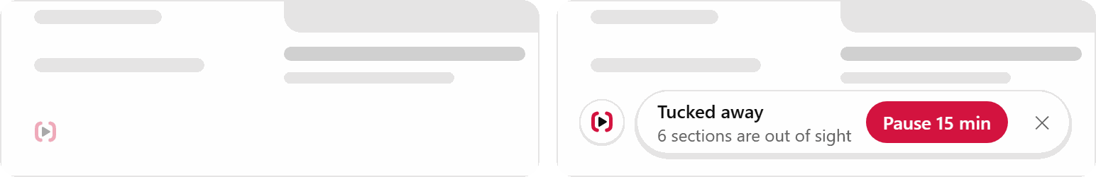 The corner badge on YouTube: a dim round icon at rest, and open with what's tucked away and a Pause 15 min button.